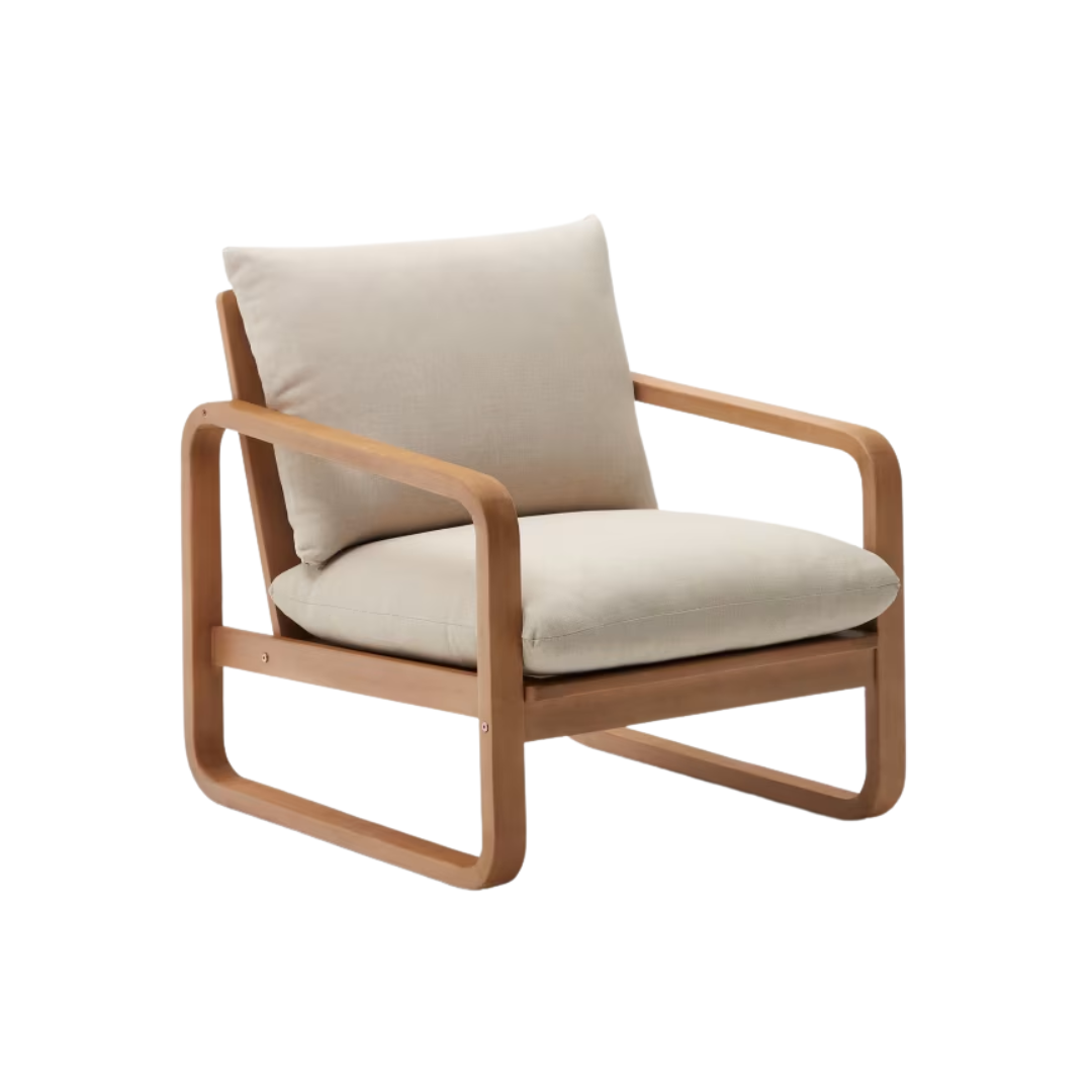 Scandinavian style armchair Leyah featuring oak wood frame and organic wool fabric